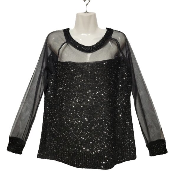 Jeune Jeunesse Black Shimmering Long Sleeve Blouse Top - Picture 2 of 10